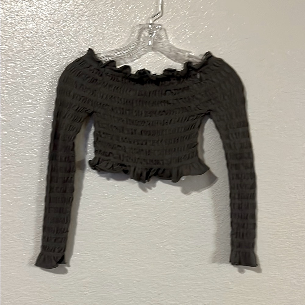 Zara Green Smocked Ribbed Ruffled Crop Blouse